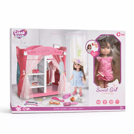 خزانة أزياء الدمية مع دمية وإكسسوارات – Sweet Girl Fashion